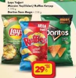 Lays Yoğurt Mevsim Yeşillikleri / Ruffless Ketçap 193 g / Doritos Taco Mega 218  image