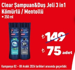 Clear Şampuan&Duş Jeli 3 in1 Kömürlü/Mentollü 350 ml image