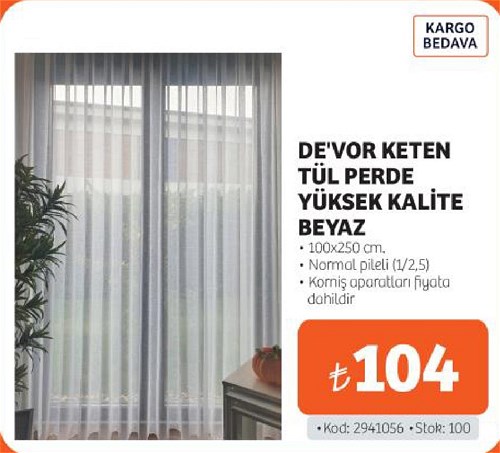 Devor Keten Tül Perde Yüksek Kalite Beyaz 100x250 cm image