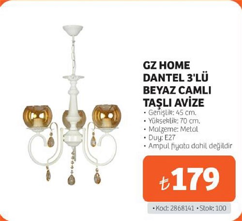 Gz Home Dantel 3'lü Beyaz Camlı Taşlı Avize image