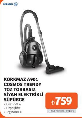 Korkmaz A901 Cosmos Trendy Toz Torbasız Siyah Elektrikli Süpürge 750 W image