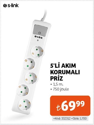 S-Link 5'li Akım Korumalı Priz 1,5 m 750 Joule image