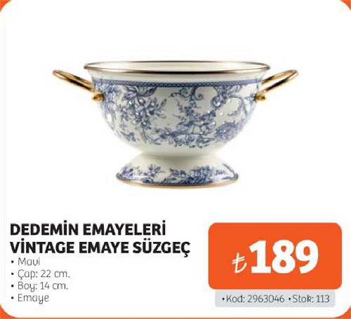 Dedemin Emayeleri Vintage Emaye Süzgeç Mavi Çap:22 cm image