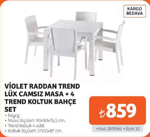 Violet Raddan Trend Lüx Camsız Masa +4 Trend Koltuk Bahçe Set Beyaz image