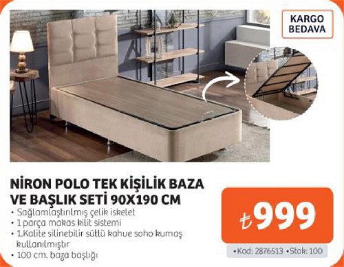 Niron Polo Tek Kişilik Baza ve Başlık Seti 90x190 cm image