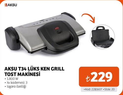 Aksu T34 Lüks Ken Grill Tost Makinesi 1800 W image