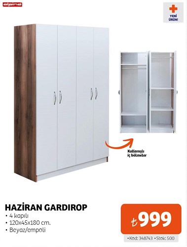 Alpino Haziran Gardırop 4 Kapılı 120x45x180 cm image