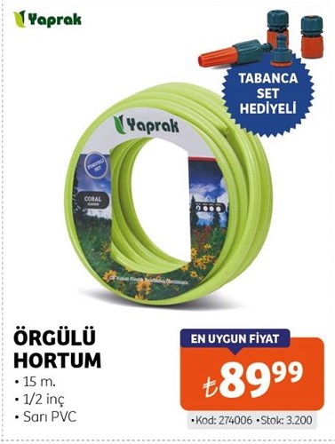 Tekzen Yaprak Örgülü Hortum 15 m Sarı Pvc+Tabanca Set