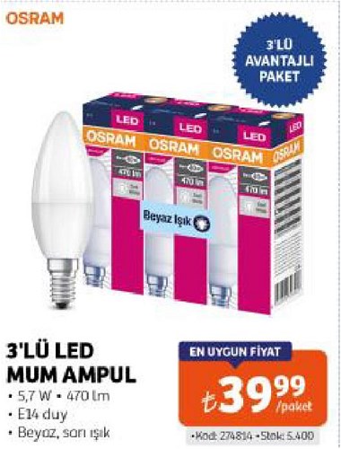 Osram 3'lü Led Mum Ampul 5,7 W image