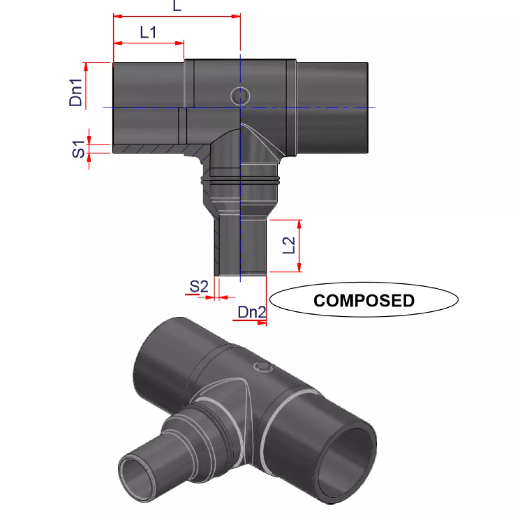 Reductor en T soldado de HDPE con extremo largo, compresión PE 100, 16 SDR 11 (tamaño más pequeño) - (Forma 1)