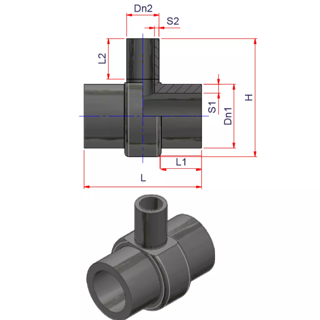 Reductor en T soldado de HDPE con extremo largo, compresión PE 100, 16 SDR 11 (tamaño grande) - (Forma 4)