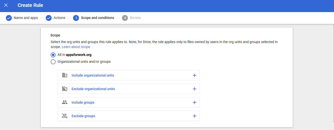 Google Workspace DLP target users and organizational units configuration