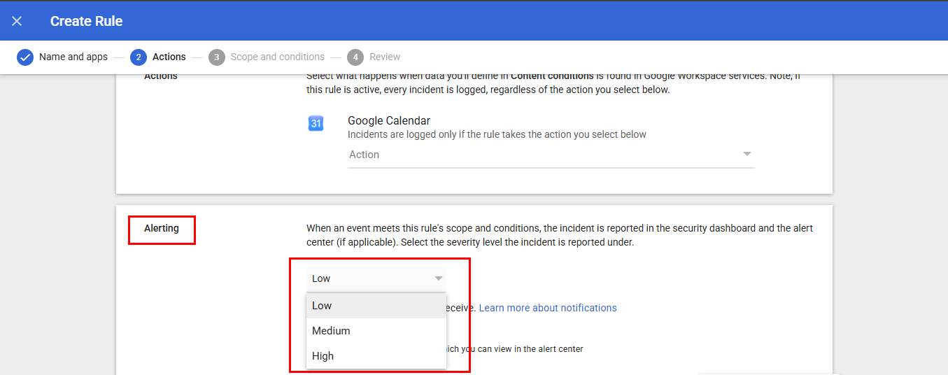 Google Workspace DLP action settings for protecting sensitive information