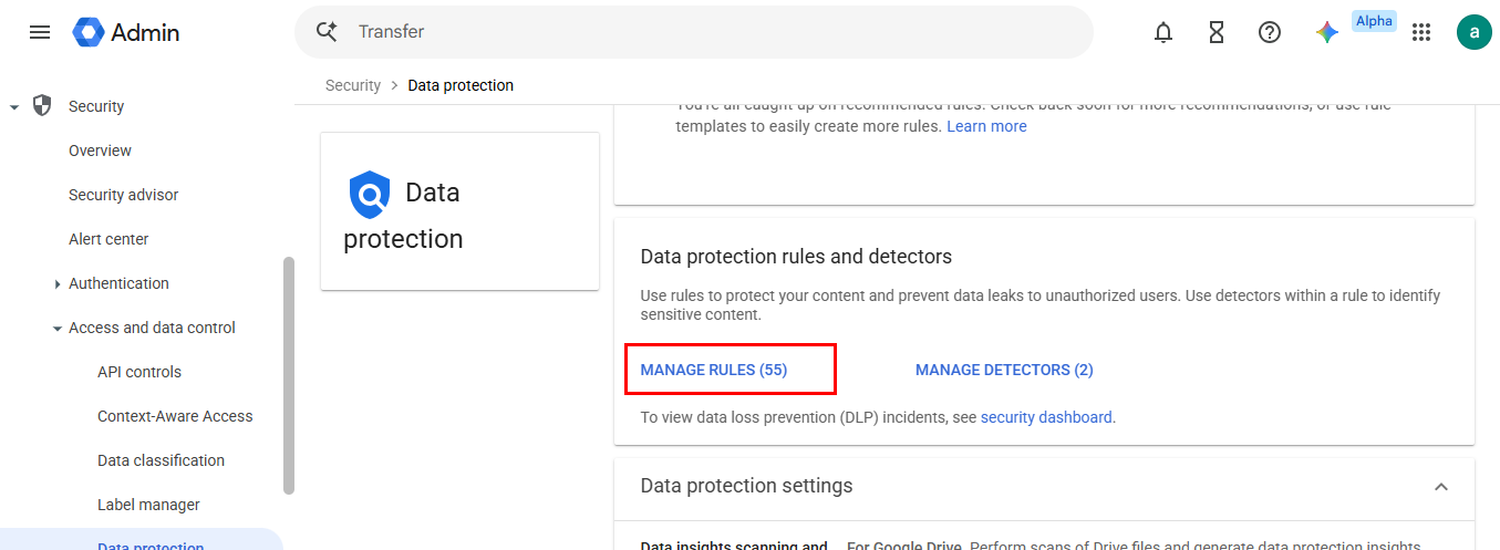 Google Workspace DLP Create Rule option in Admin Console