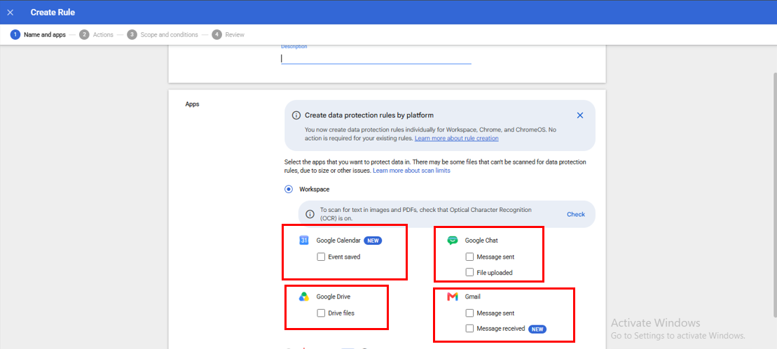 Select Gmail, Google Drive, Calendar and Chat apps for Google Workspace DLP