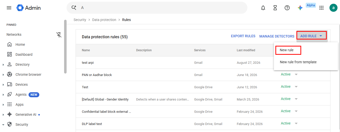 Google Workspace DLP rule configuration screen