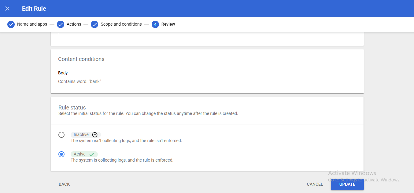 Google Workspace DLP rule activation and sensitive data protection settings