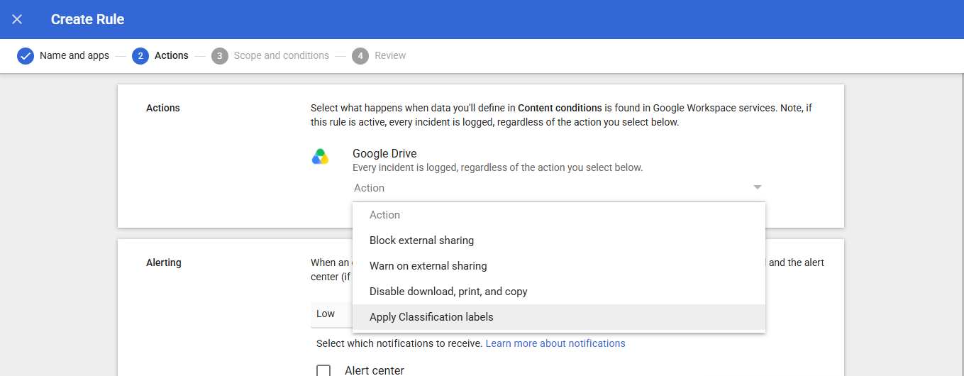 Google Workspace DLP warning and access restriction configuration
