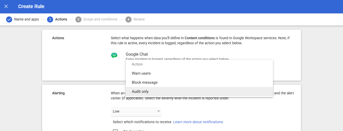 Google Workspace DLP administrator alert and enforcement settings