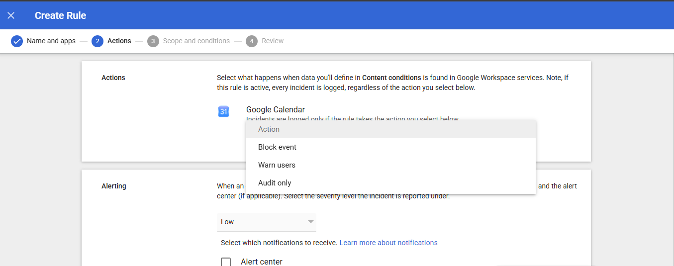 Google Workspace DLP rule enforcement options for sensitive data