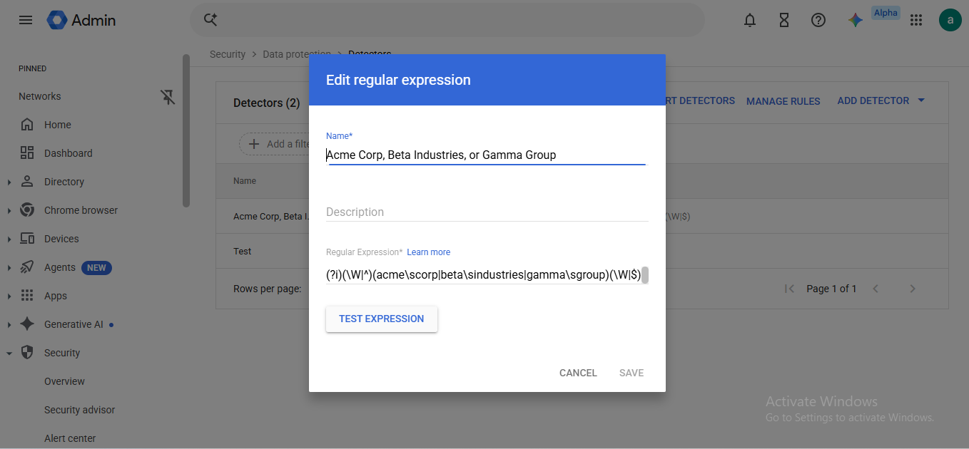 Google Workspace custom sensitive data detector settings