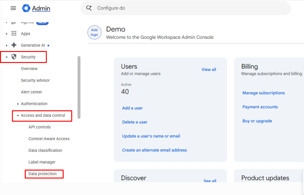 Google Workspace Admin Console Data Protection settings for DLP
