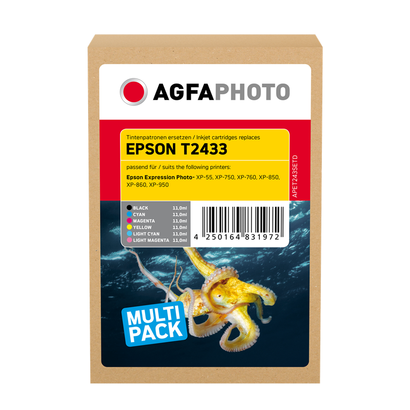 Compatible avec Epson T2438 (C13T24384011) Agfa Photo APET243SETD Multipack Noir / Cyan / Magenta / 