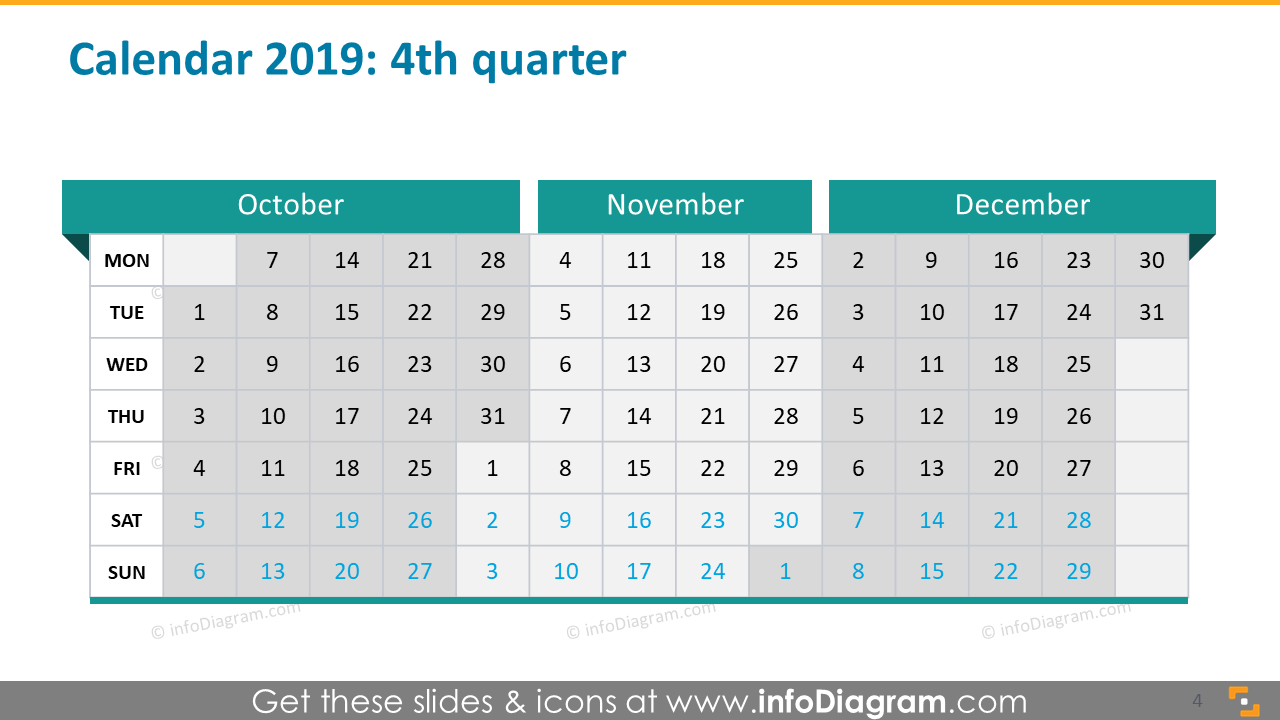 Quarterly Calendars 4Q 2018 + 1Q 2019 (PPT tables and icons)