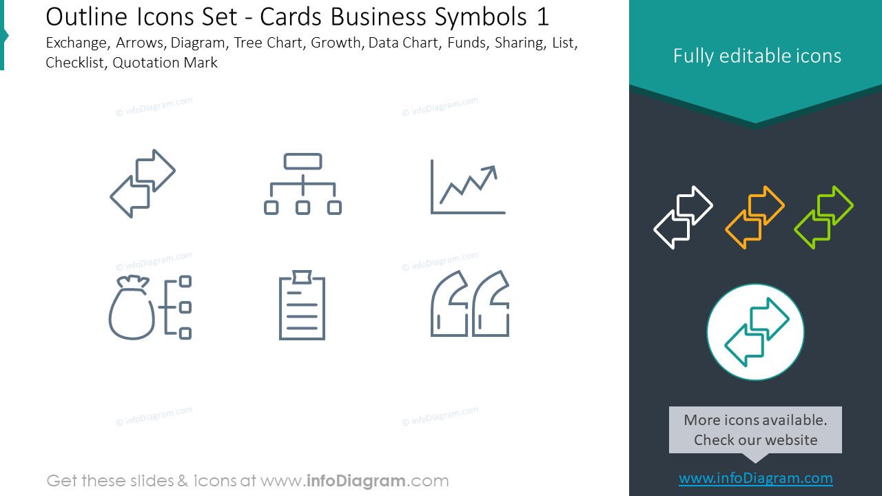 Outline icons set: cards, business symbols, Exchange, arrows