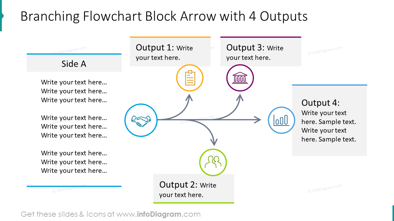 Branching flowchart block arrow with four outputs