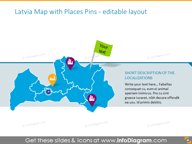 Latvia map illustrated with places pins