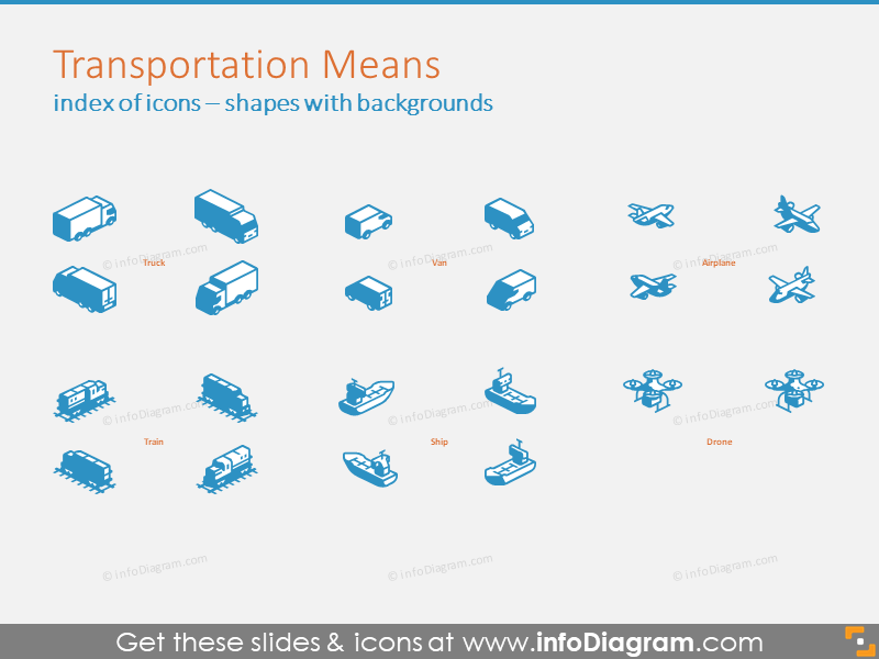 Example of Transportation Means 3D symbols with backgrounds