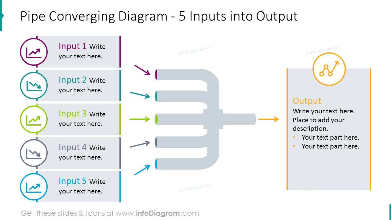 Pipe converging diagram for 5 inputs/ outputs processwith flat icons