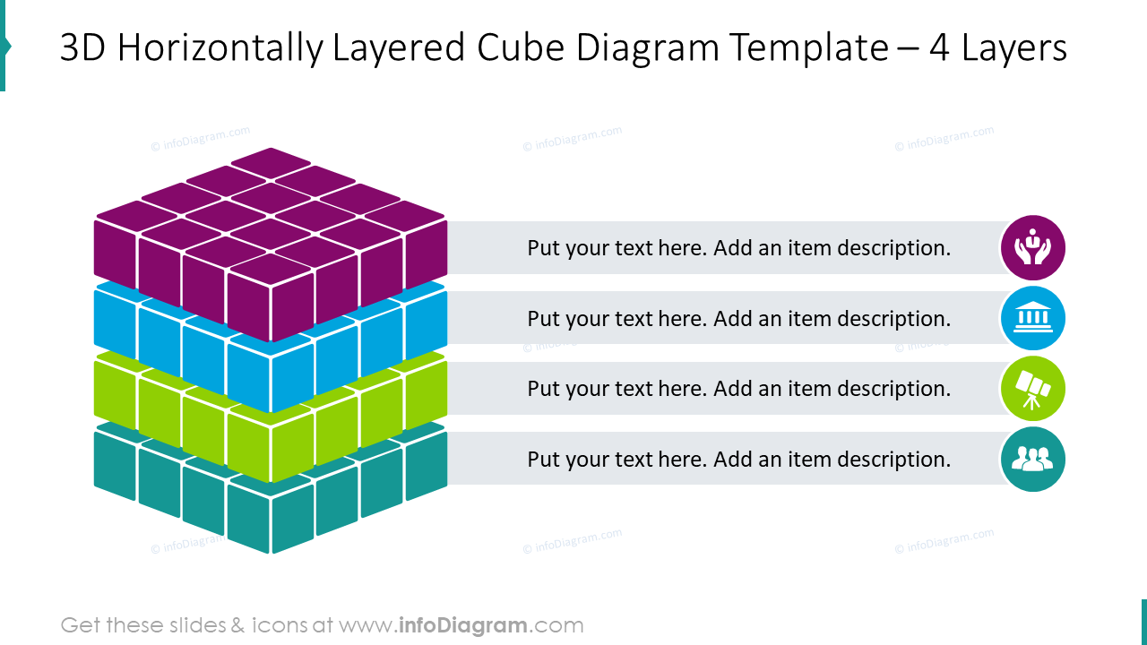 3D horizontal cube graphics for 4 layers with flat icons