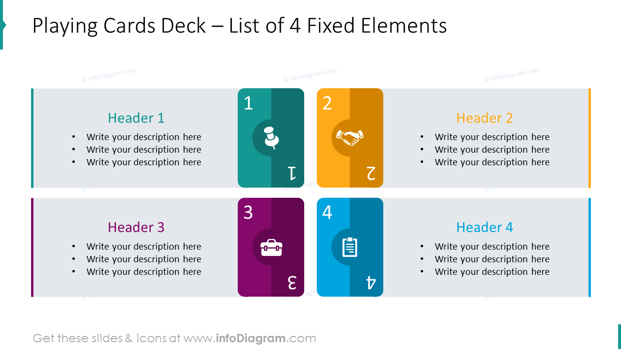 Playing cards deck with list of 4 fixed items