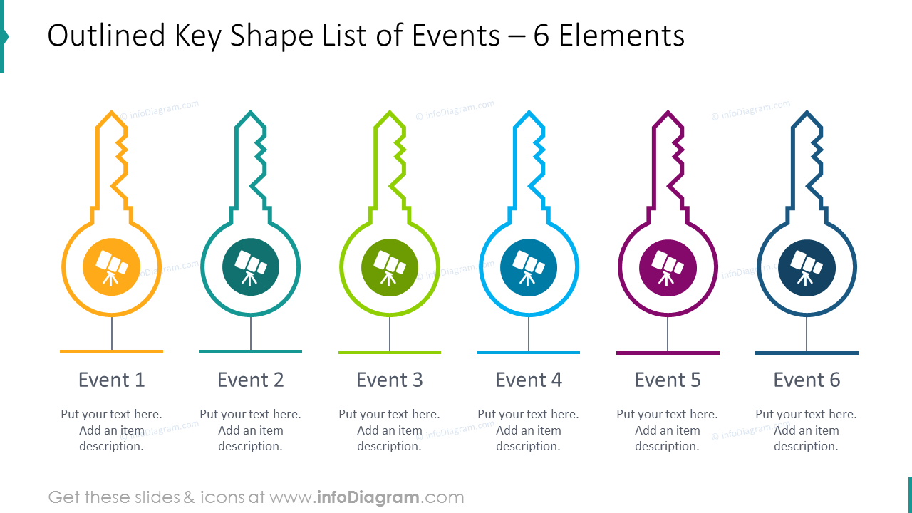 6 items designed as outlined key shape list for events 