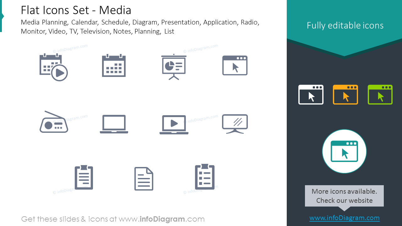 Icons Set: Media Planning, Calendar, Schedule, Application, Monitor