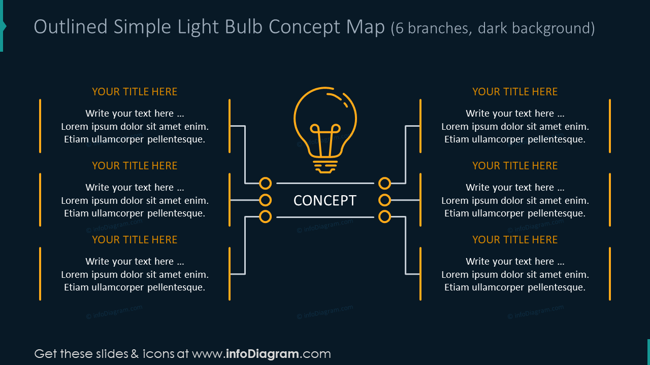 Outlined simple light bulb for 6 branches on the dark background