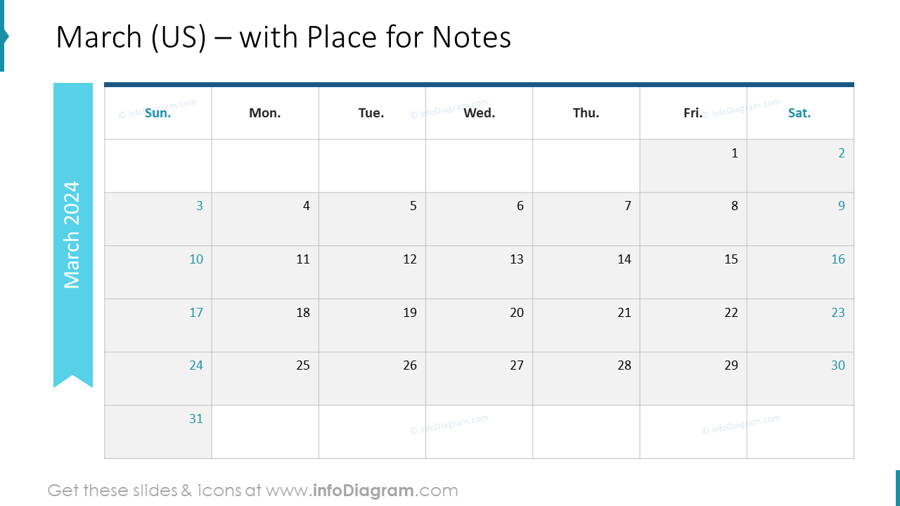 March (US) – with Place for Notes