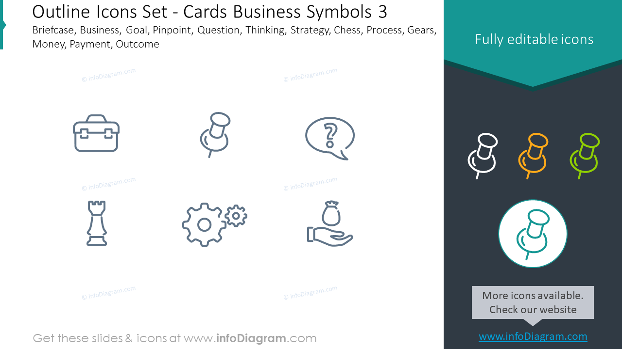 Outline icons set: cards business symbols, briefcase, business