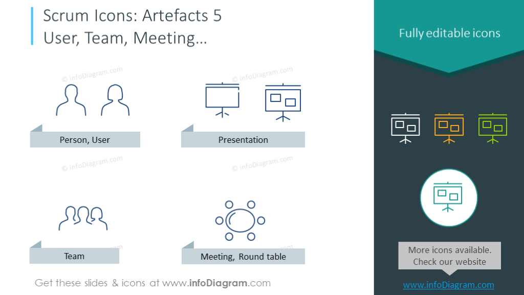 Scrum symbols set: person, user, presentation, team, meeting