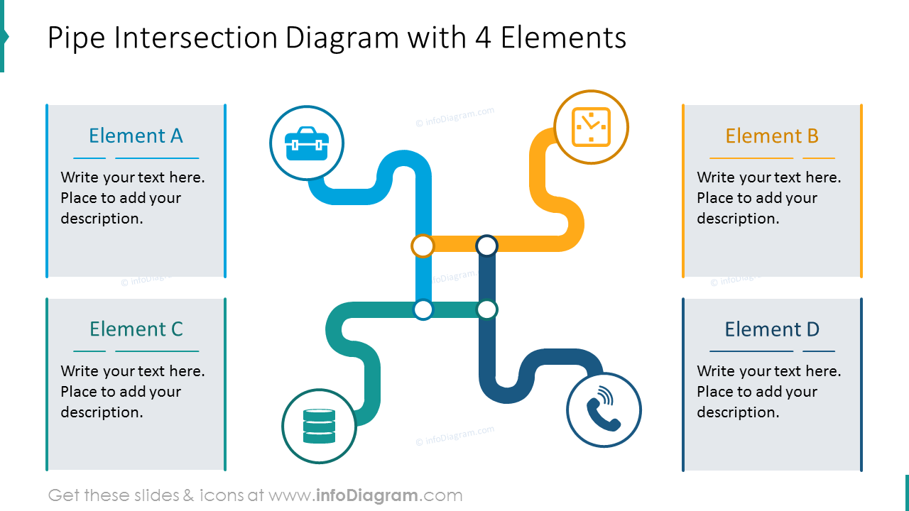 4 elements diagram with flat icons shown as a pipe intersection slide