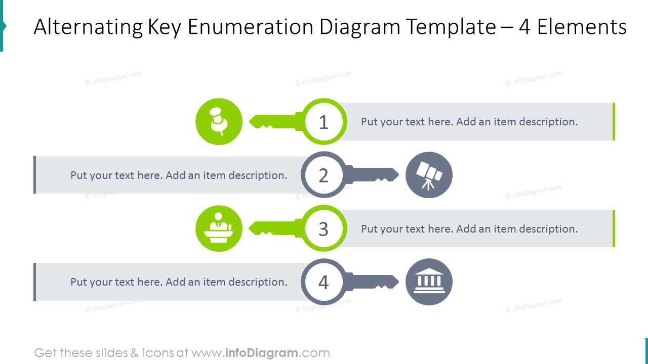 Alternating key enumeration diagram with flat icons 