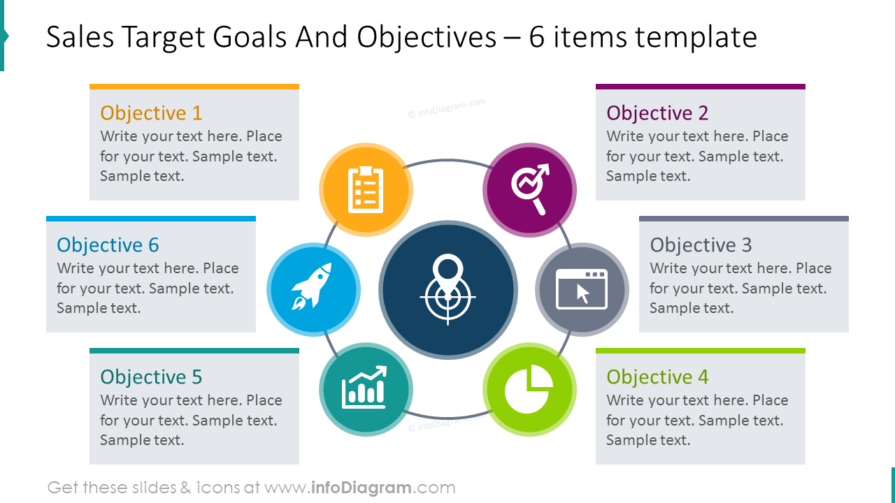 Target goals and objectives six items circle diagram