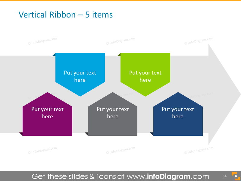 vertical ribbon timeline for 5 items with arrow on background