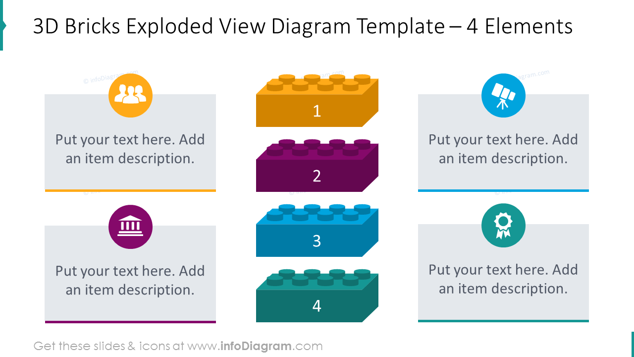 3D bricks exploded view diagram with 4 items