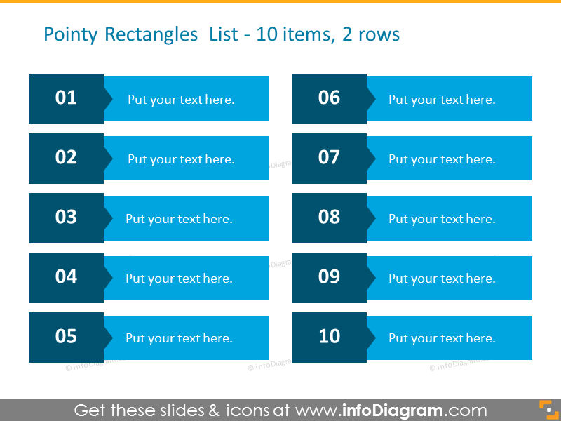 Numbered flat rectangles distributed in two rows