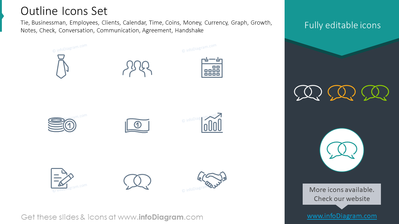 Outline icons: businessman, employees, clients, growth, notes 