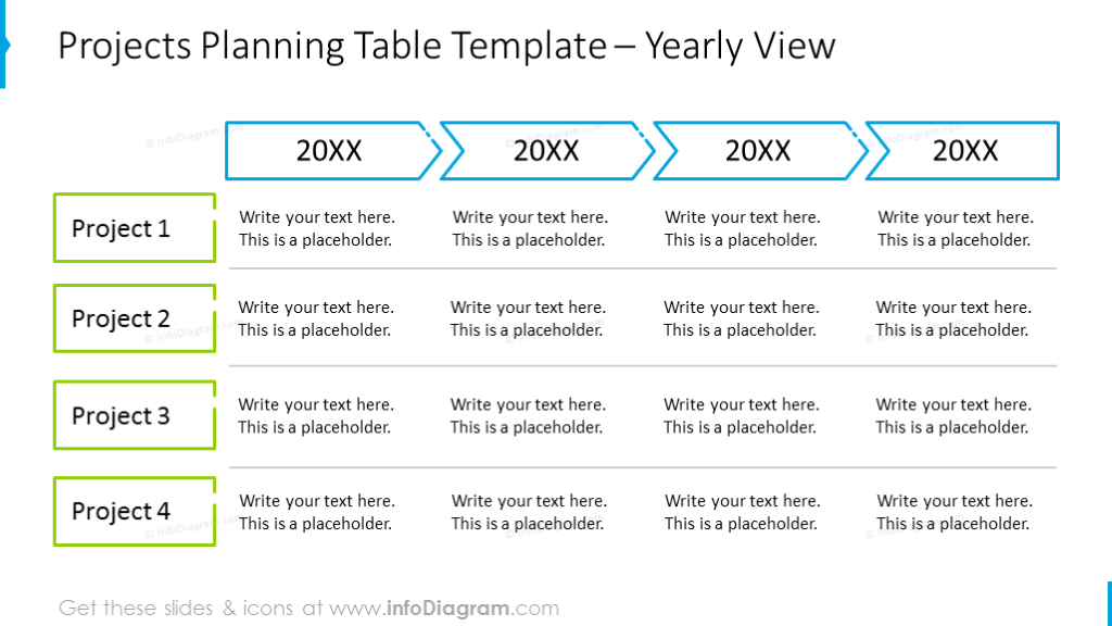 Project planning outline table with colored columns and lines