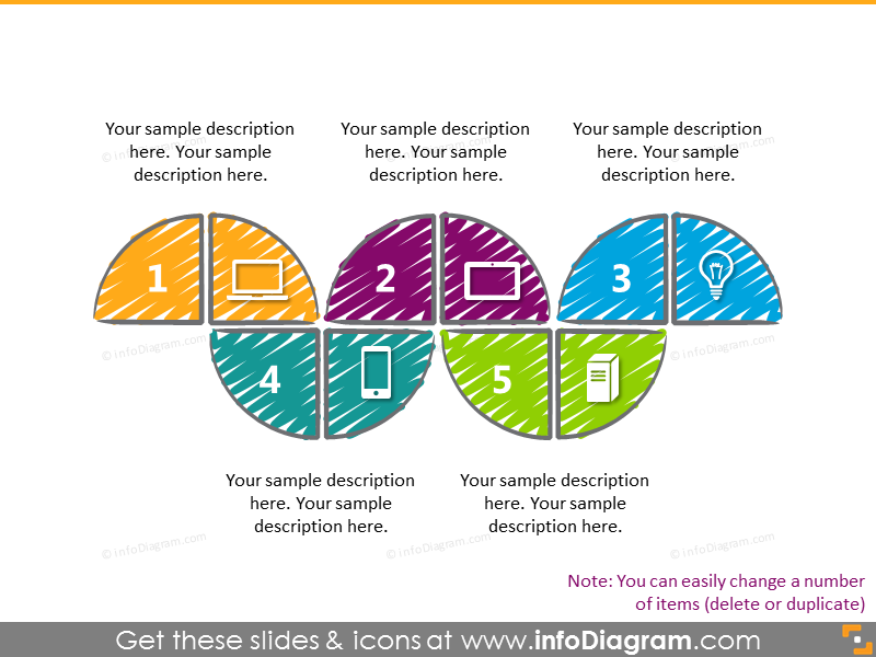 Quarter shape flow chart diagram with 5 items